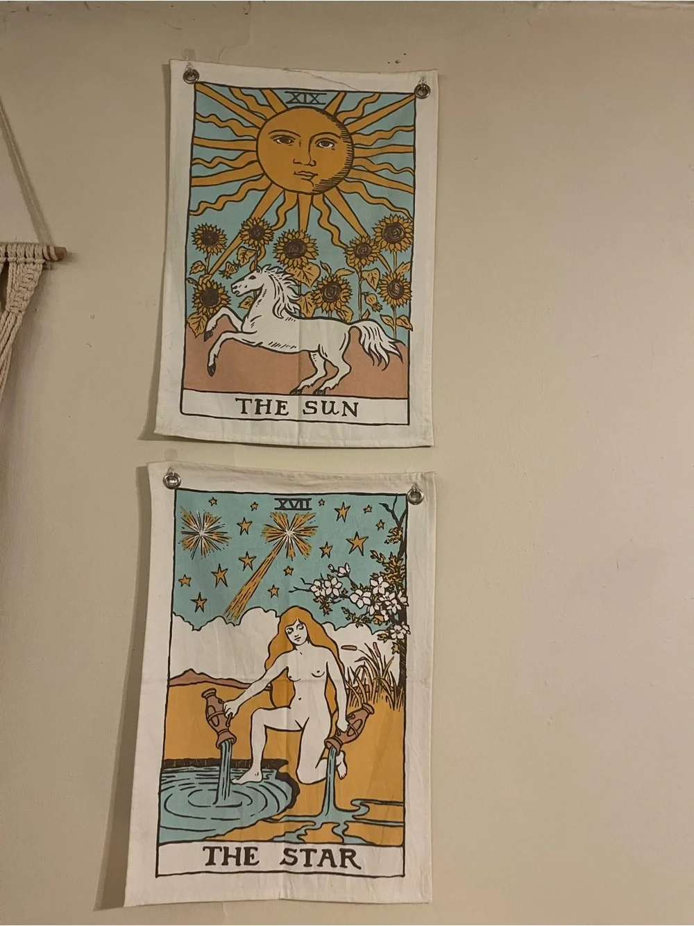 Tarot-Themed Wall Tapestry Set — The Sun & The Star (White, Blue, Gold)